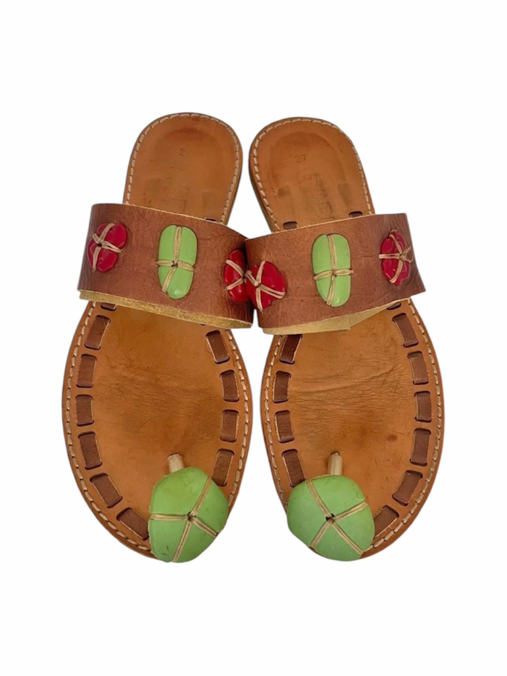 Vintage 90s Sabry Italian Leather Slide Sandals 
Embellished Toe Post EU 37 US 6
